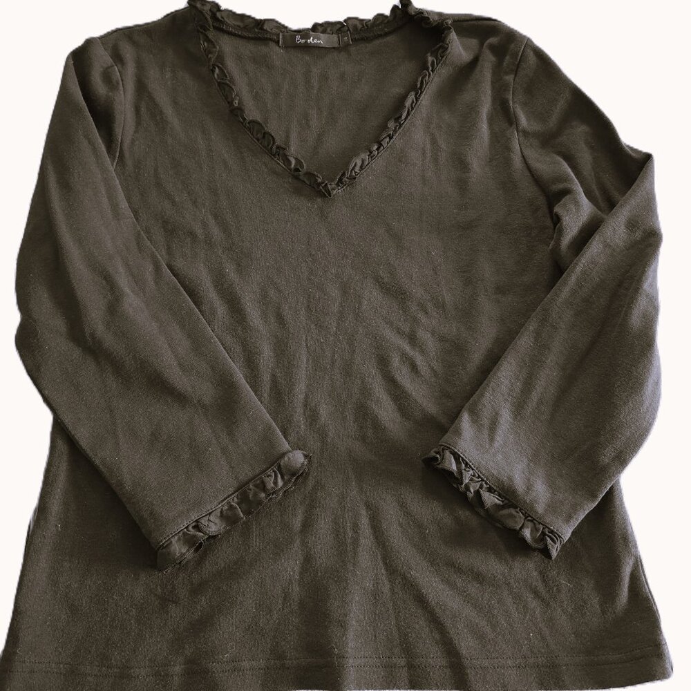 Boden Black 3/4 Sleeve Florence Lace Trim V-Neck Jersey Top Size 14